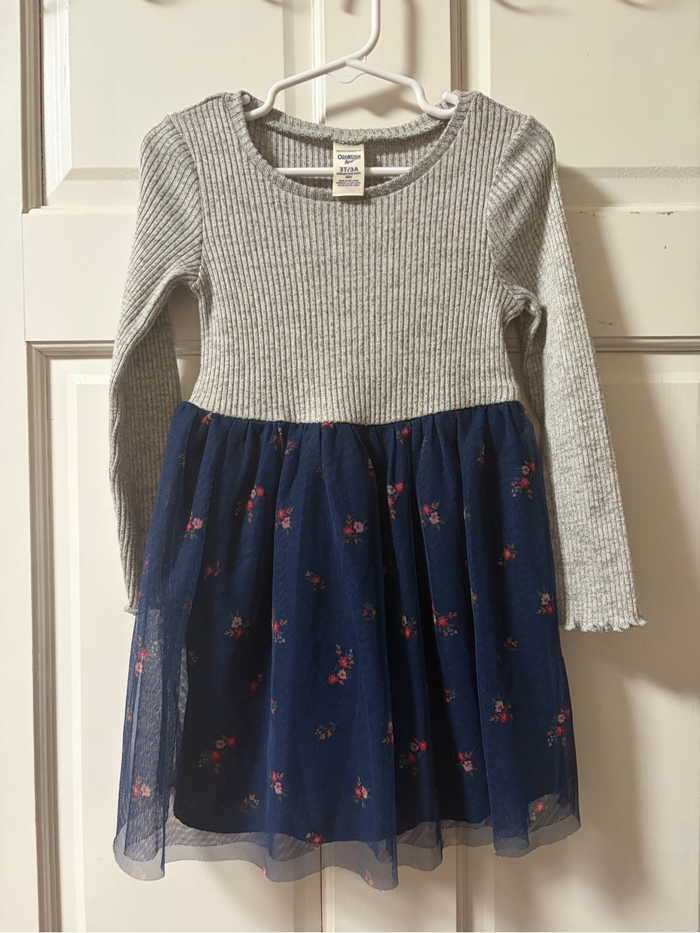 OshKosh B'gosh Gray Knit Top with Navy Floral Tulle Skirt Girls Dress